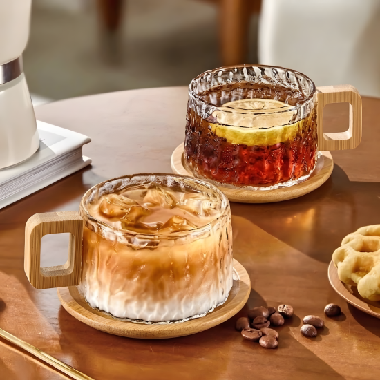 Glass Mug With Wooden Saucer - 250 ml